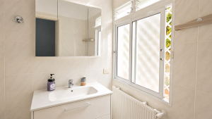 Bright bathroom in the Family Apartment with washbasin and window