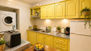 Fully equipped kitchen in the Family Apartment with hob, refrigerator and washing machine