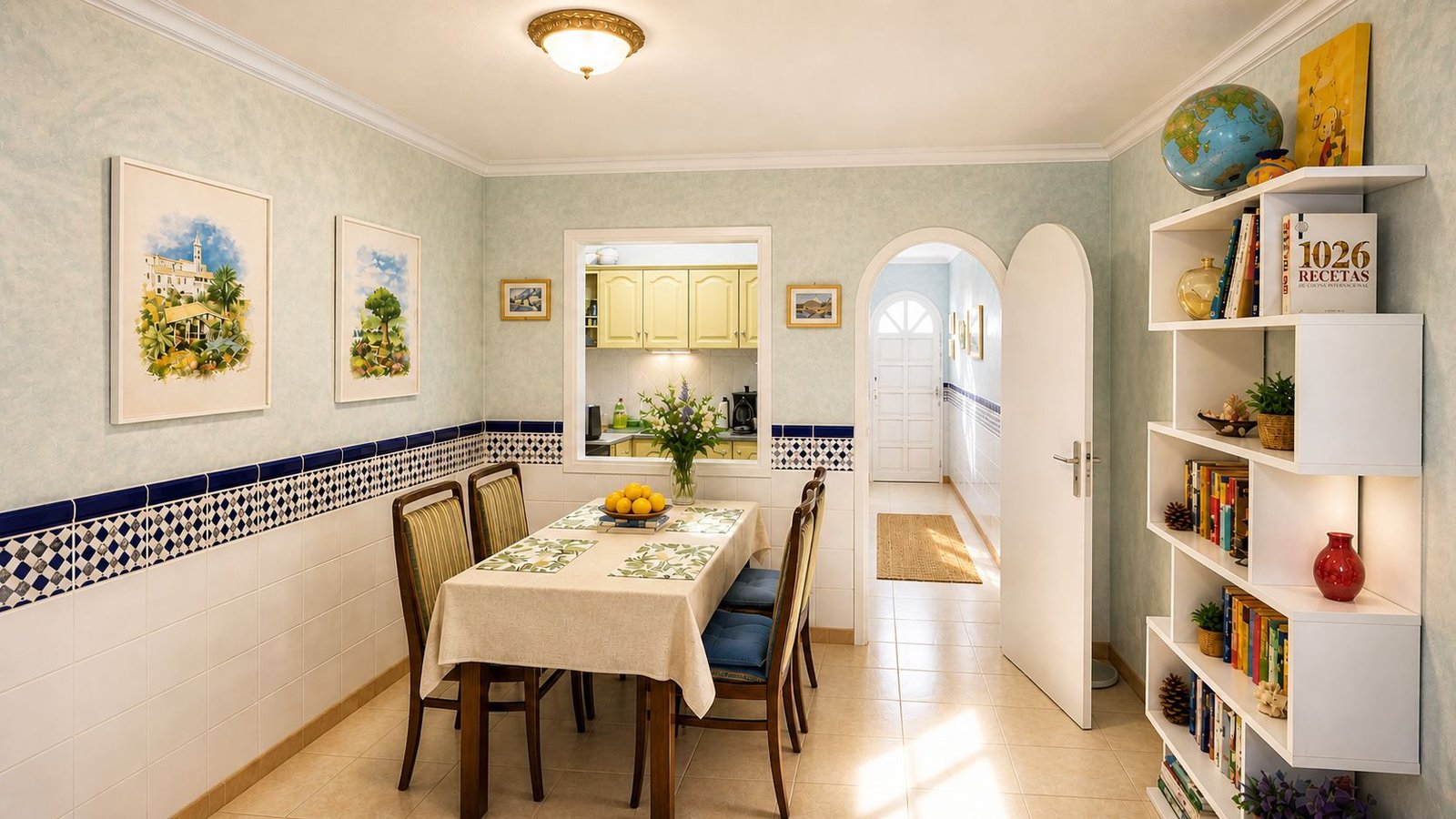 Coin repas de l'appartement familial, avec vue sur la cuisine et le couloir